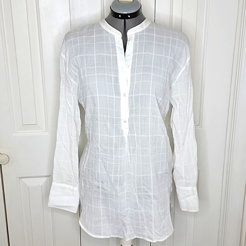 Vince Shadow Plaid Shirred Back Tunic Size S/P White